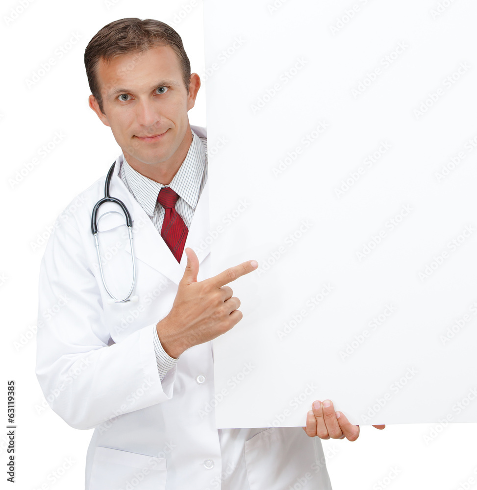 Happy doctor showing blank board / sign. Happy doctor showing blank board / sign.