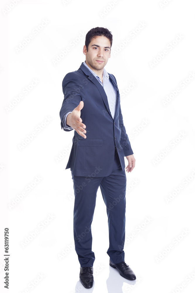 Business man with hand extended to handshake, isolated on white Business man with hand extended to handshake, isolated on white