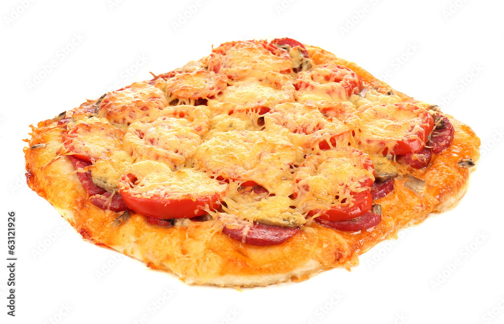 Homemade pizza on baking paper isolated on white Homemade pizza on baking paper isolated on white