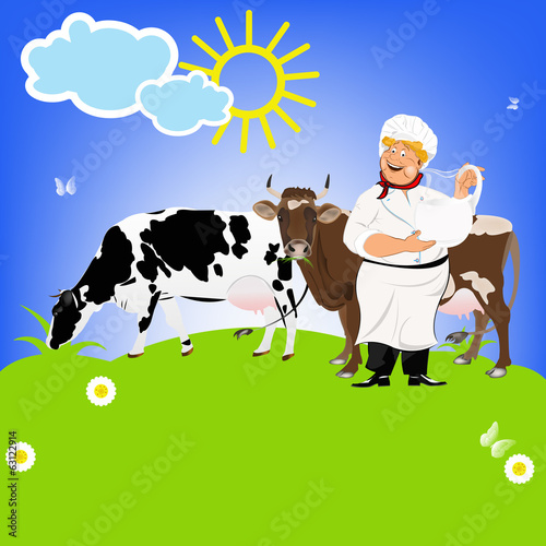 Happy Milkman and Dairy Cows on a green meadow.Sticker.Vector