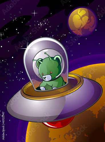 Alien Teddy Bear Cartoon Character in a Flying Saucer