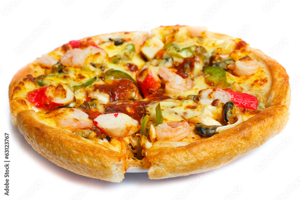 Delicious pizza with seafood.
