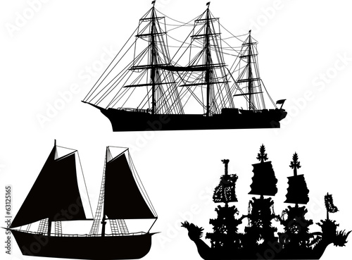 three black boats collection isolated on white