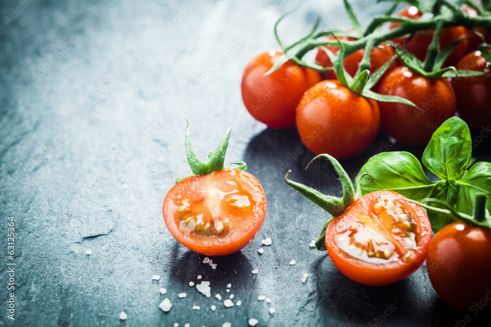 Fresh grape tomatoes with basil Fresh grape tomatoes with basil
