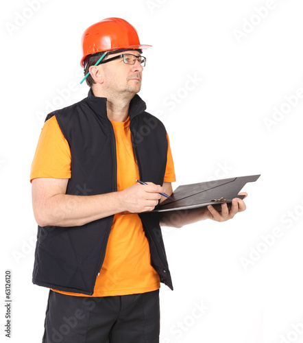 Foreman in helmet and vest.