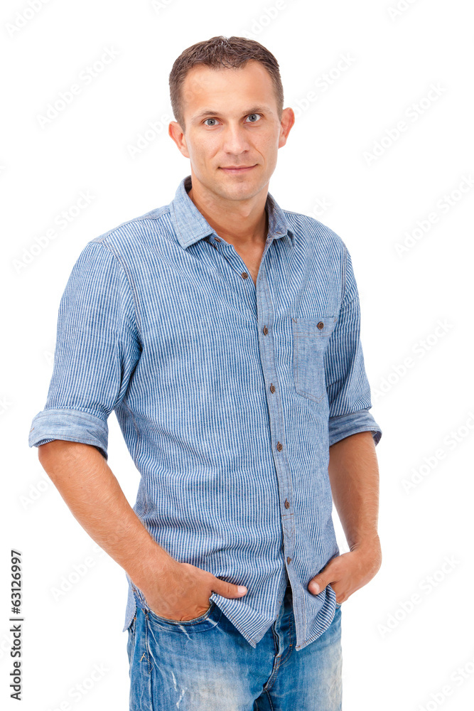Happy smiling young man standing, isolated on white background Happy smiling young man standing, isolated on white background