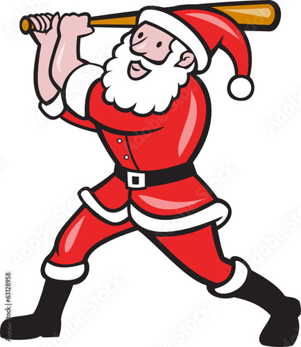 Santa Baseball Player Batting Isolated Cartoon