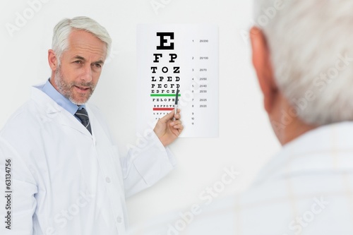 Pediatrician ophthalmologist with senior patient pointing at eye