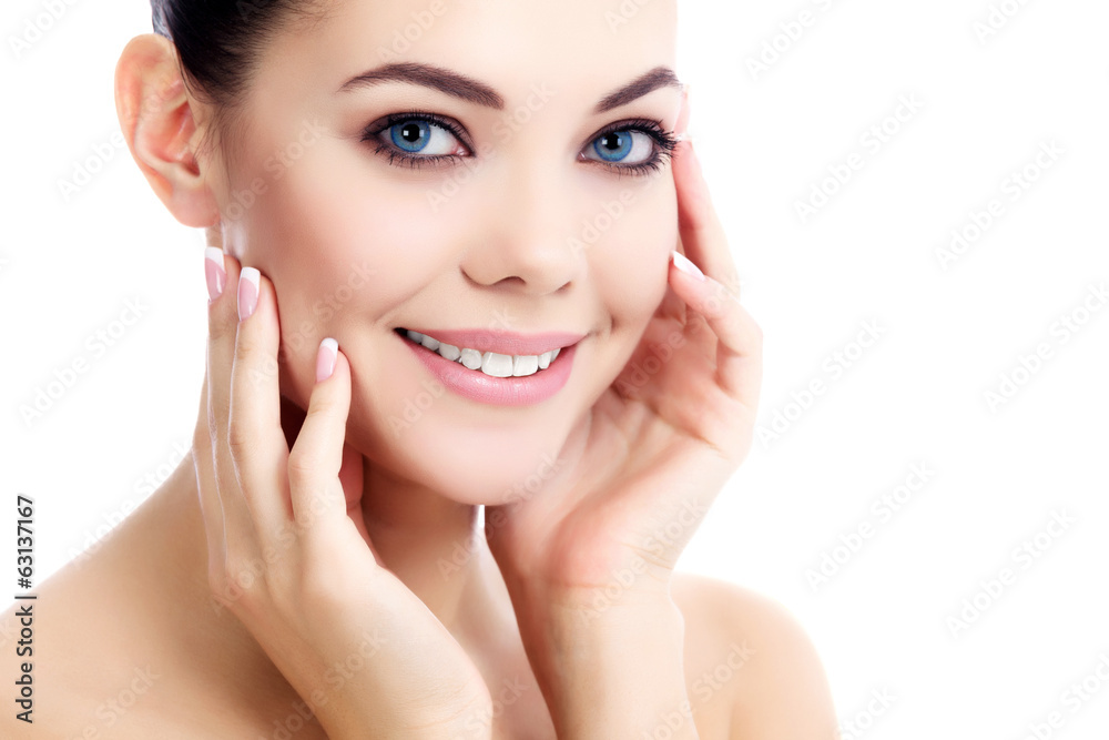 female with fresh clear skin, white background female with fresh clear skin, white background
