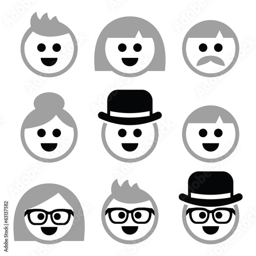 People with grey hair, seniors, old people icons set