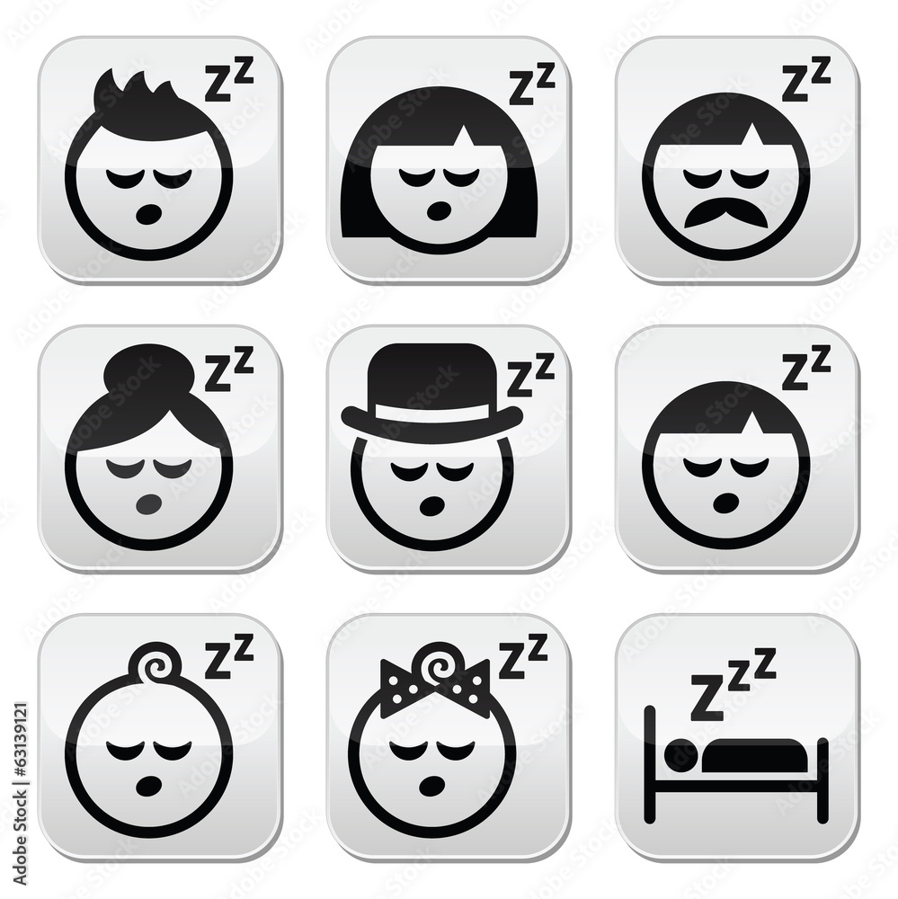 Sleeping, dreaming people faces buttons set Sleeping, dreaming people faces buttons set