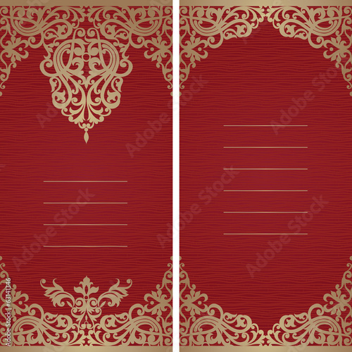 Vintage greeting card with swirls and floral motifs.
