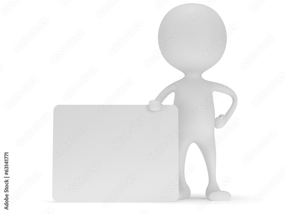3d white man stand with blank white board.