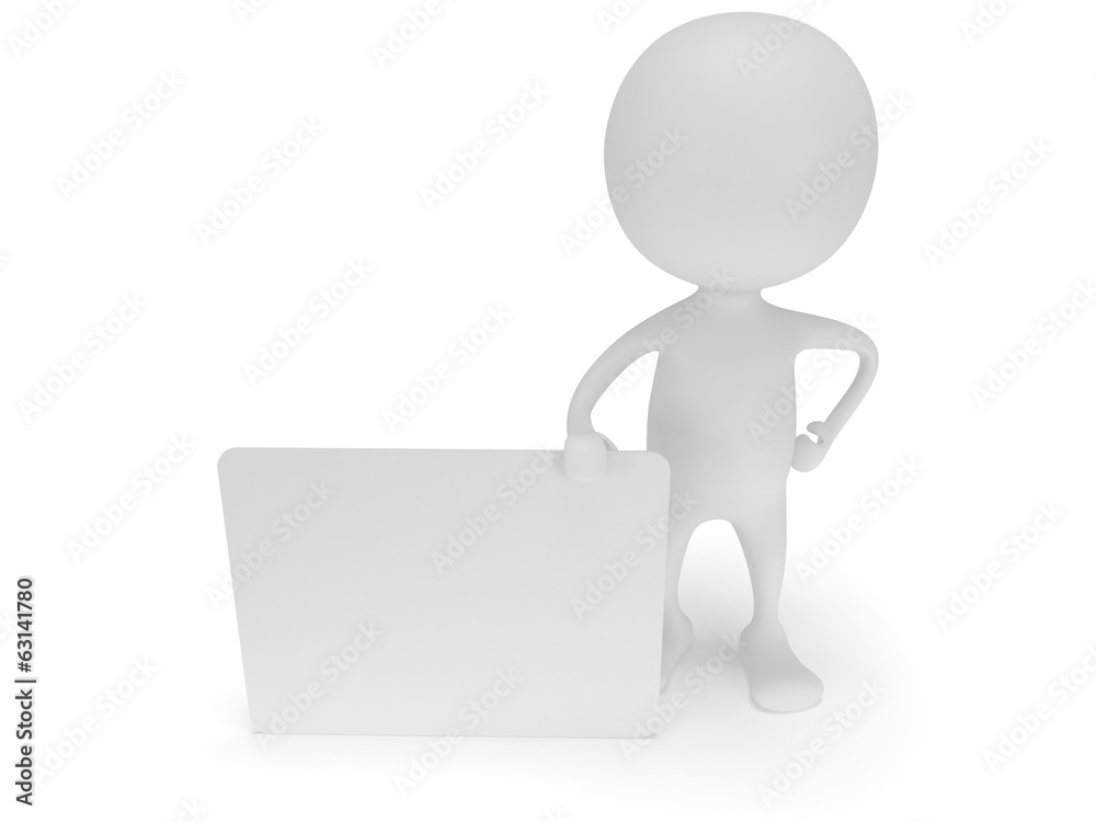 3d white man stand with blank white board. 3d white man stand with blank white board.