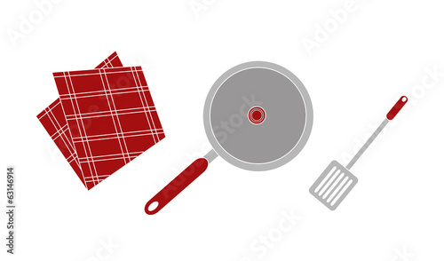 Cooking set with frying pan, dishcloth and spatula vector illustration