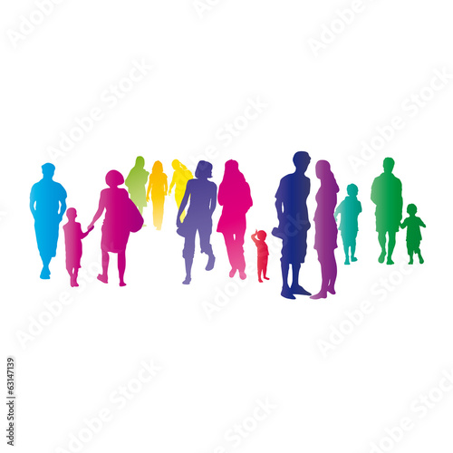 Bunte Menschen in der Stadt - silhouette von Menschen  Menschengruppe  Ansammlung  Versammlung  Zusammenkunft und Unterhaltung  Austausch - vektor