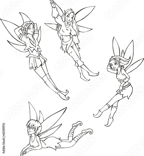 Outline set of cute fairies