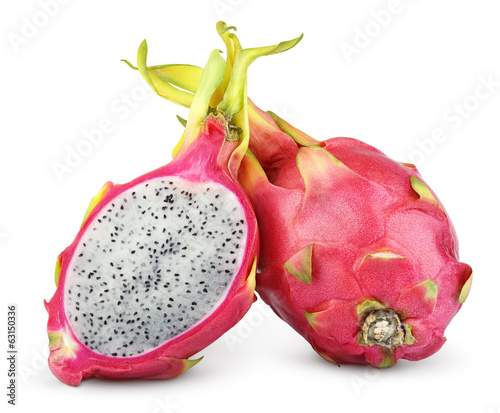 Dragon fruit or pitaya with cut on white with clipping path