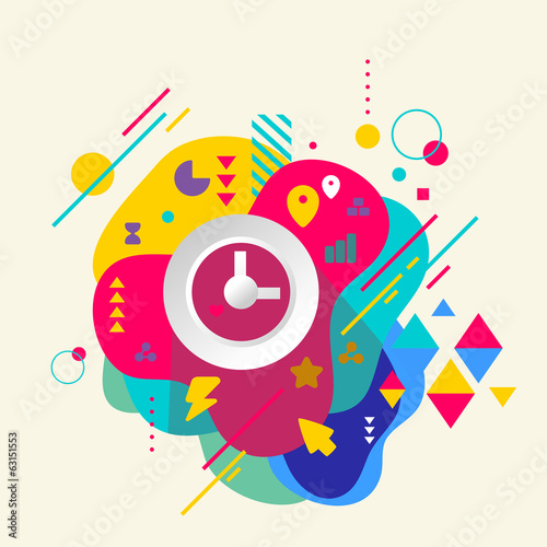 Clock on abstract colorful spotted background with different ele