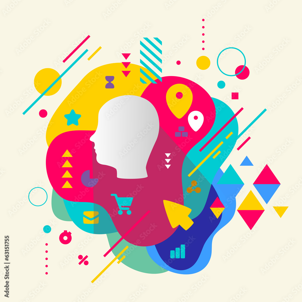 Human head on abstract colorful spotted background with differen