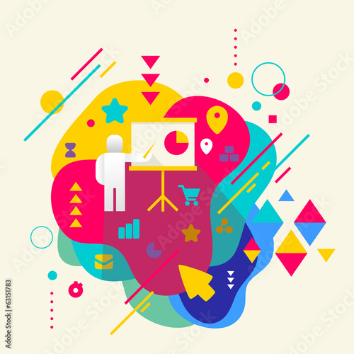 Human with a pointer on abstract colorful spotted background wit