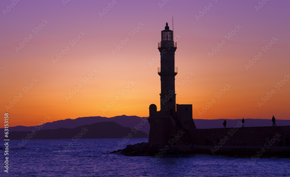 Hania harbor with lighthouse at sunset, Crete, Greece