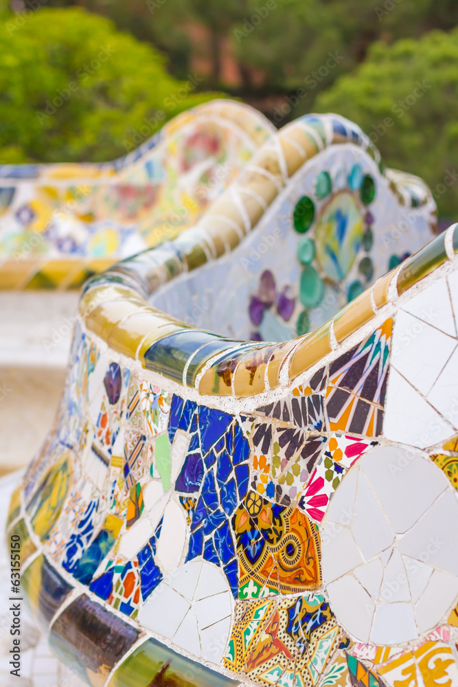 Naklejka premium Colorful mosaic bench of park Guell in Barcelona