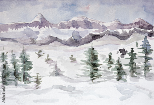 Winter mountain landscape. watercolor