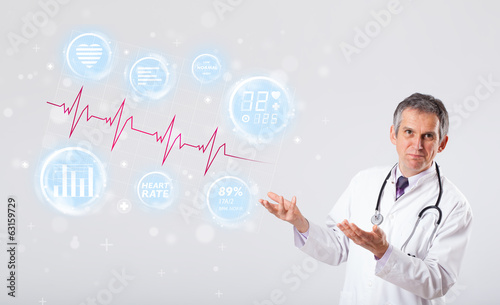 Doctor examinating modern heartbeat graphics