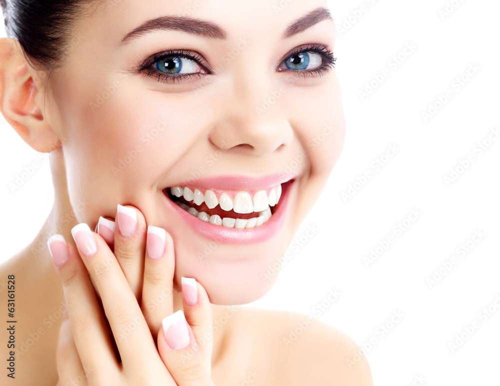 Cheerful female with fresh clear skin, white background Cheerful female with fresh clear skin, white background