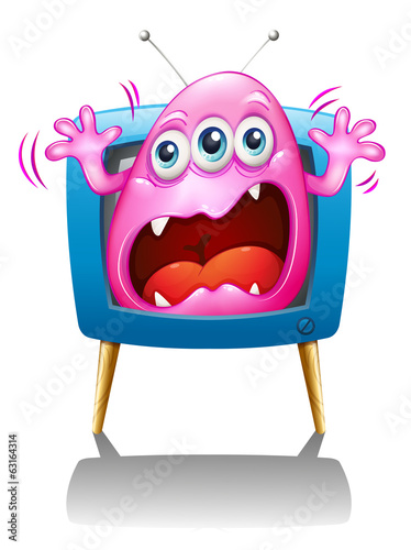 A TV with a pink monster screaming
