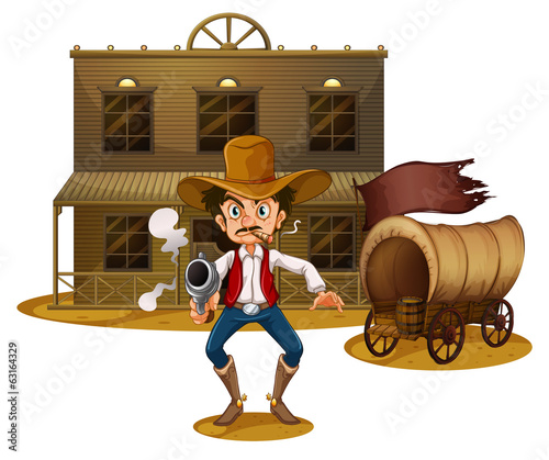 An armed man near the wagon