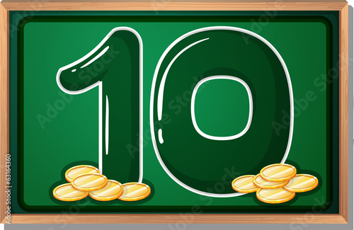 A blackboard with ten coins