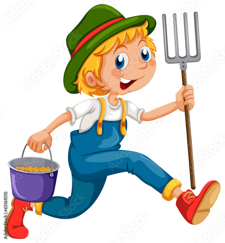 A gardener running with a rake and a pail