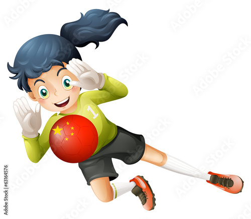 A female soccer player using the ball with the flag of China