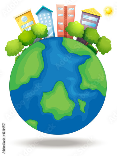 Earth with trees and tall buildings