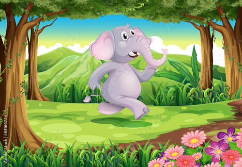 A jungle with a gray elephant