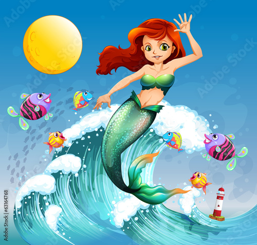 Dekoracja na wymiar  a-big-wave-with-a-mermaid-and-a-school-of-fishes