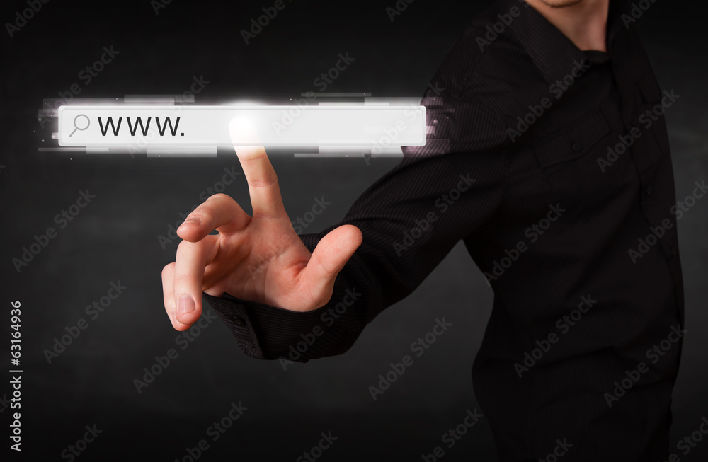 Young businessman touching web browser address bar with www sign - obrazy, fototapety, plakaty 