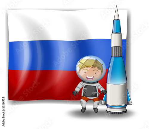 The flag of Russia with an explorer and a rocket