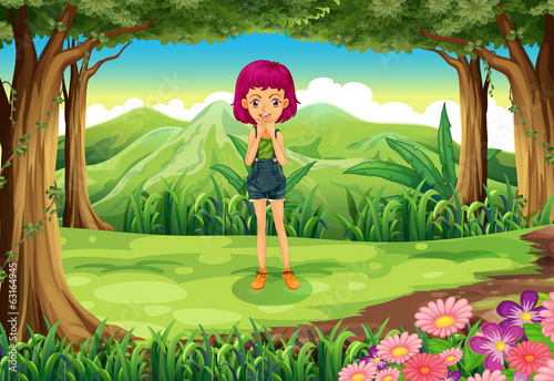 A tall female teenager in the middle of the forest
