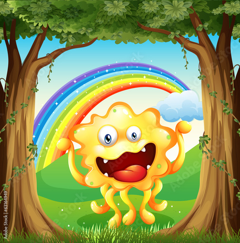A monster at the woods with a rainbow in the sky