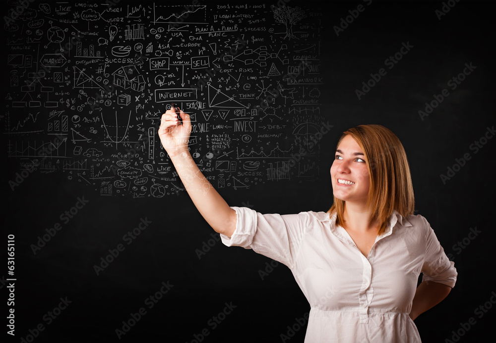 Young woman sketching and calculating thoughts Young woman sketching and calculating thoughts