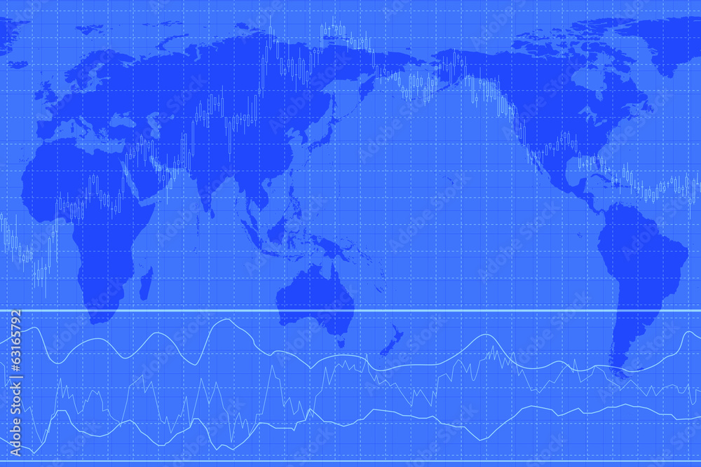 株価のグラフと世界地図