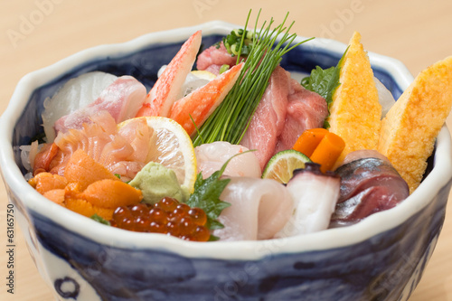 Fresh raw fish rice bowl in Japan