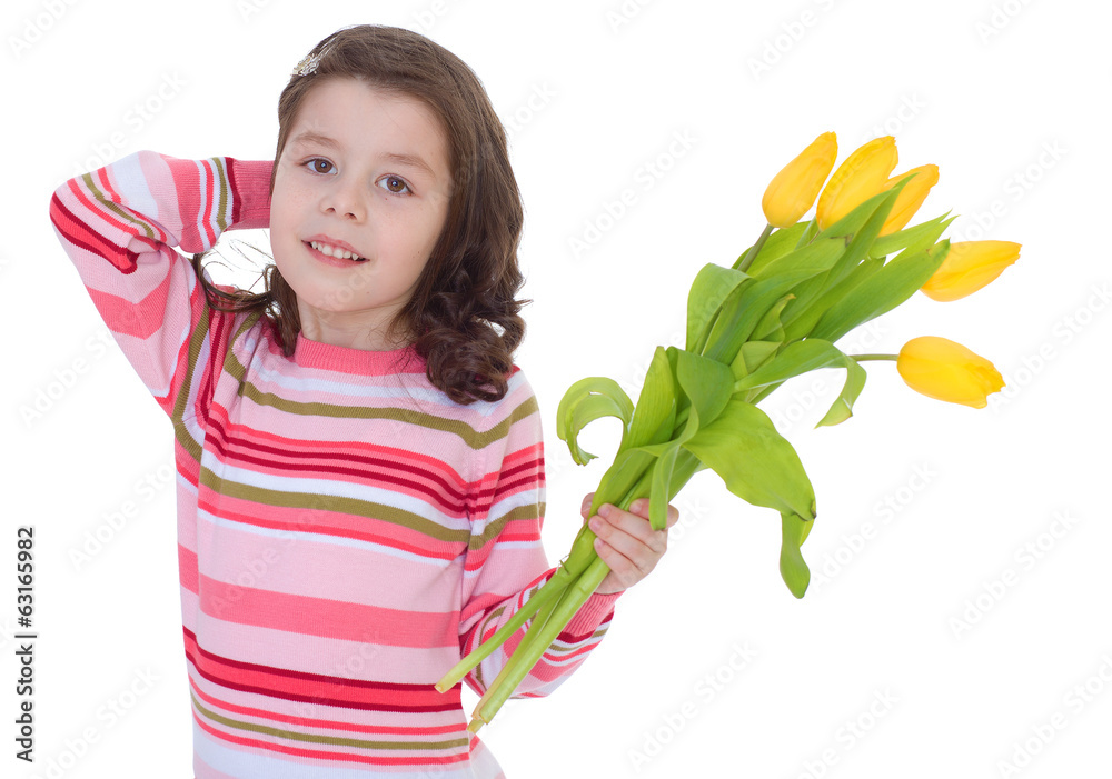 Charming schoolgirl pereds bouquet of yellow flowers. Charming schoolgirl pereds bouquet of yellow flowers.