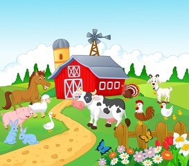 Papier peint photo Ferme Grange rouge moulin animaux ferme cartoon  © tigatelu