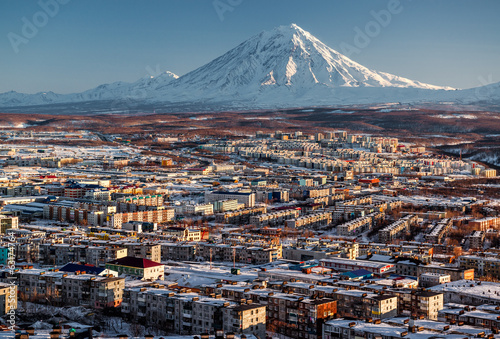 Petropavlovsk-Kamchatsky cityscape and Koryaksky volcano