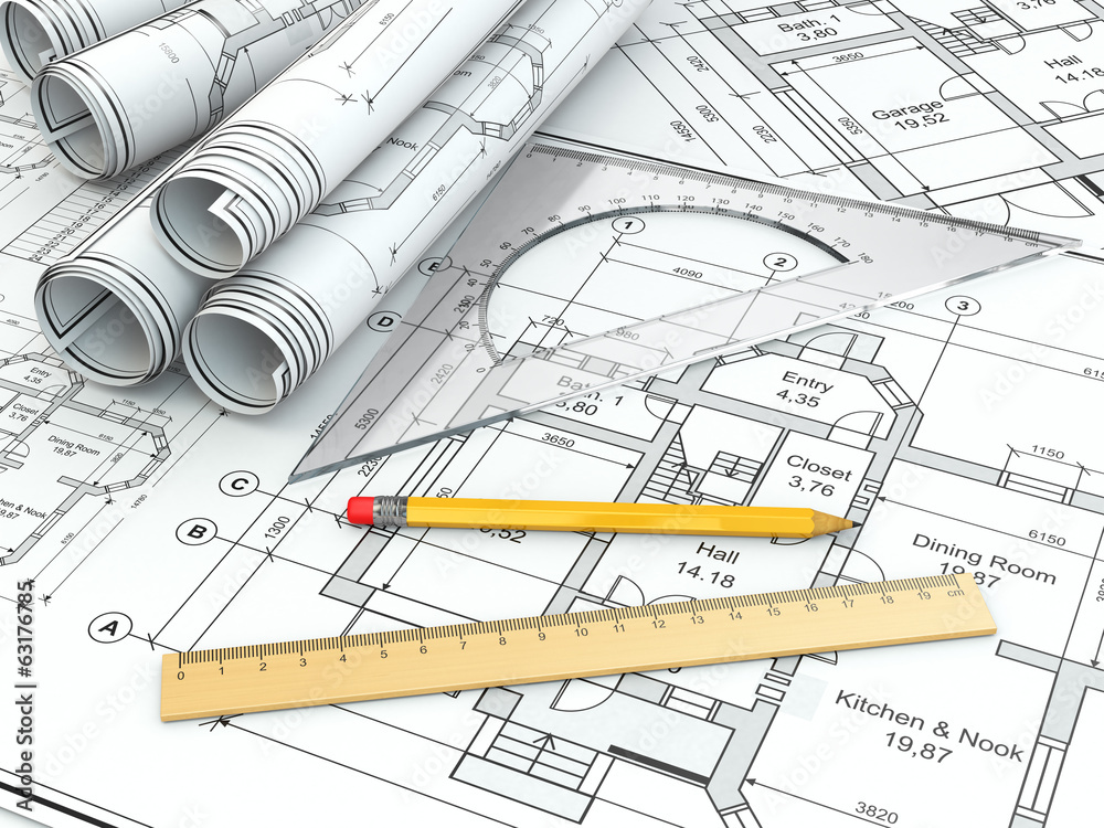 Concept of drawing. Blueprints and drafting tools. Concept of drawing. Blueprints and drafting tools.
