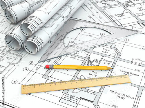 Concept of drawing. Blueprints and drafting tools.